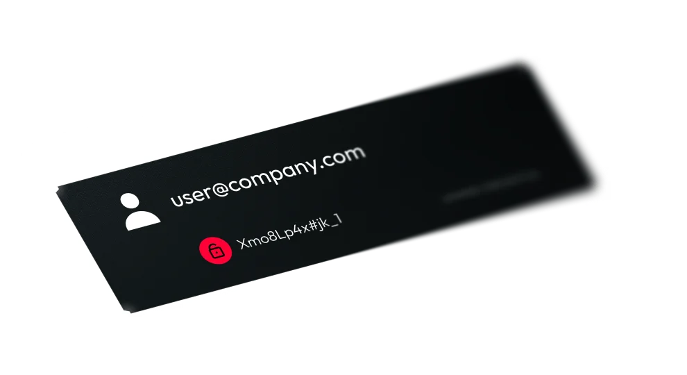 A password manager displays an encrypted password and user email address on a dark interface.